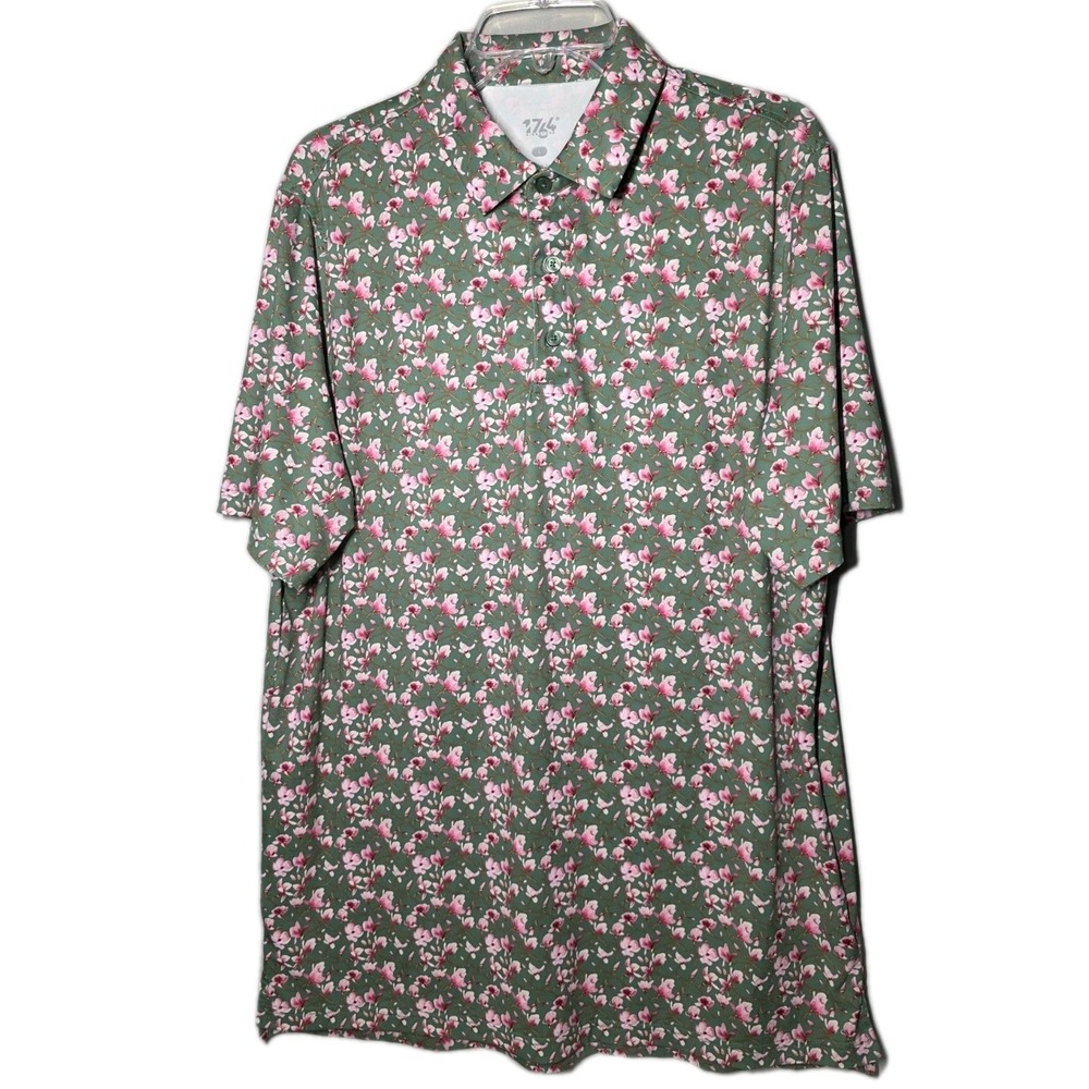 NWT 1764 Size Large Cherry Blossom Enola Bottle Green Mens Floral Golf Polo